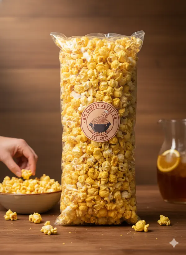 A large clear bag of cheddar popcorn with the Big Cheese Kettle Co. sticker